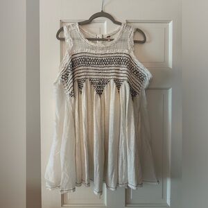 Free People White and Black Smocked Lace Edge Sleeveless Mini Dress